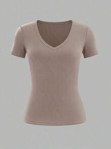 Camiseta casual de mujer de unicolor de manga corta y acanalada - Albaricoque - Ver 3