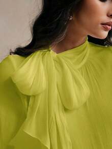 Blusa elegante y chic de cuello alto, manga larga y puños con lazo para uso diario - Mostaza Amarilla - Ver 8