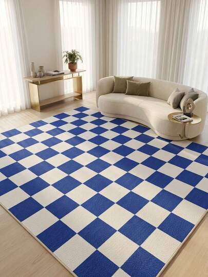 1pc Nordic Modern Minimalist Blue & White Plaid Geometric Area Rug, Carpet, Door Mat, Runner - Suitable For Home, Bathroom, Kitchen, Entryway, Hallway, Bedside, Living Room, Bedroom, Machine Washable, Home Decor