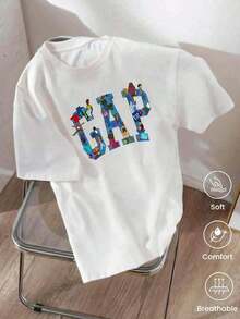 Camiseta de cuello redondo y mangas cortas de ropa fashion, fabricada enéxico, para la temporada primavera-verano 2025.Con estampado de dibujos animados, un modelo de pareja, apta para usar tanto por dentro como por fuera, para oficina y estilo casual, diseñpara hombres y mujeres, en unidad individual.blusas para mujer playeras de mujer blusas casuales para dama - Blanco - Ver 2