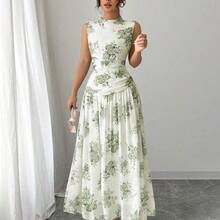 Women's Elegant Floral Print Ruched Waist Sleeveless Casual Dress - Amarillo - Ver 8