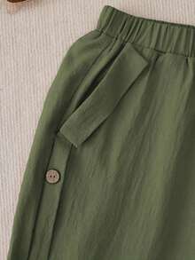 Pantalones casuales de mujer con decoración de botones y bolsillos en diagonal - Verde militar - Ver 4