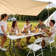 Folding Dining Table Set 6, 6FT Foldable Plastic Table With Carrying Handle 6 PU Leather Padded Folding Chairs, Portable Table And Chairs Set Indoor Outdoor, Party, Wedding, Picnic, Camping - White + 6FT - View 2