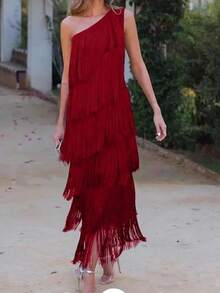 Vestido asimétrico con flecos hombro al descubierto estilo fiesta - Burdeos - Ver 5