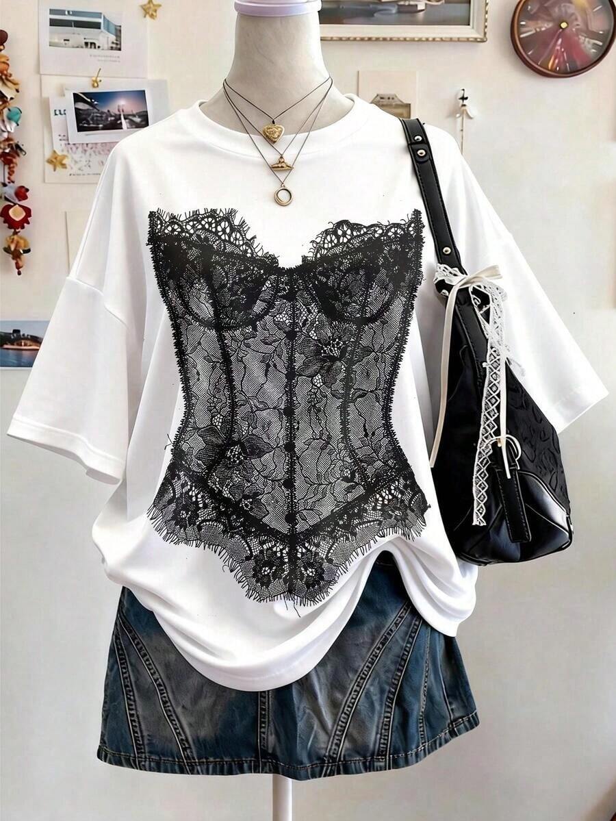 Camiseta de Mujer de Estilo Gótico con Estampado Digital, Casual, de Corte Holgado, de Longitud Media, con Cuello Redondo y Hombros Caídos, Regalo para Amigas - Blanco - Ver 1