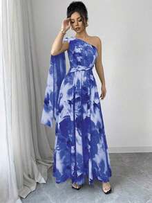 Vestido elegante de talle alto con hombro asimétrico, abertura lateral y estampado aleatorio, estilo fashionable para vacaciones - Azul - Ver 6