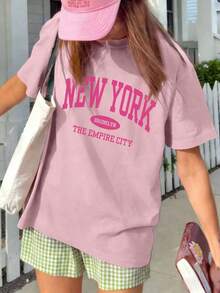 Camiseta suelta de verano para mujer con estampado de letras, casual y versátil para uso diario. Camiseta gráfica, vacaciones - Rosa - Ver 6