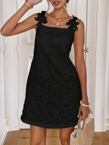 Vestido corto de verano de mujer con tirantes finos y unicolor - Negro - Ver 3