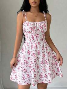 Vestido corto con tirantes finos, espalda anudada, estampado floral y pliegues para mujer - Multicolor - Ver 7