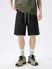 Men's Summer Quick-Dry Breathable Camo Casual Shorts, Small Logo Elastic Drawstring Waist Loose Straight Leg Bermuda Shorts, Suitable For Running, Fitness, Outdoor Activities - Black - View 5