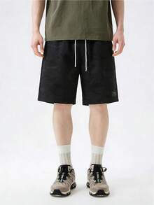 Men's Summer Quick-Dry Breathable Camo Casual Shorts, Small Logo Elastic Drawstring Waist Loose Straight Leg Bermuda Shorts, Suitable For Running, Fitness, Outdoor Activities - Black - View 3