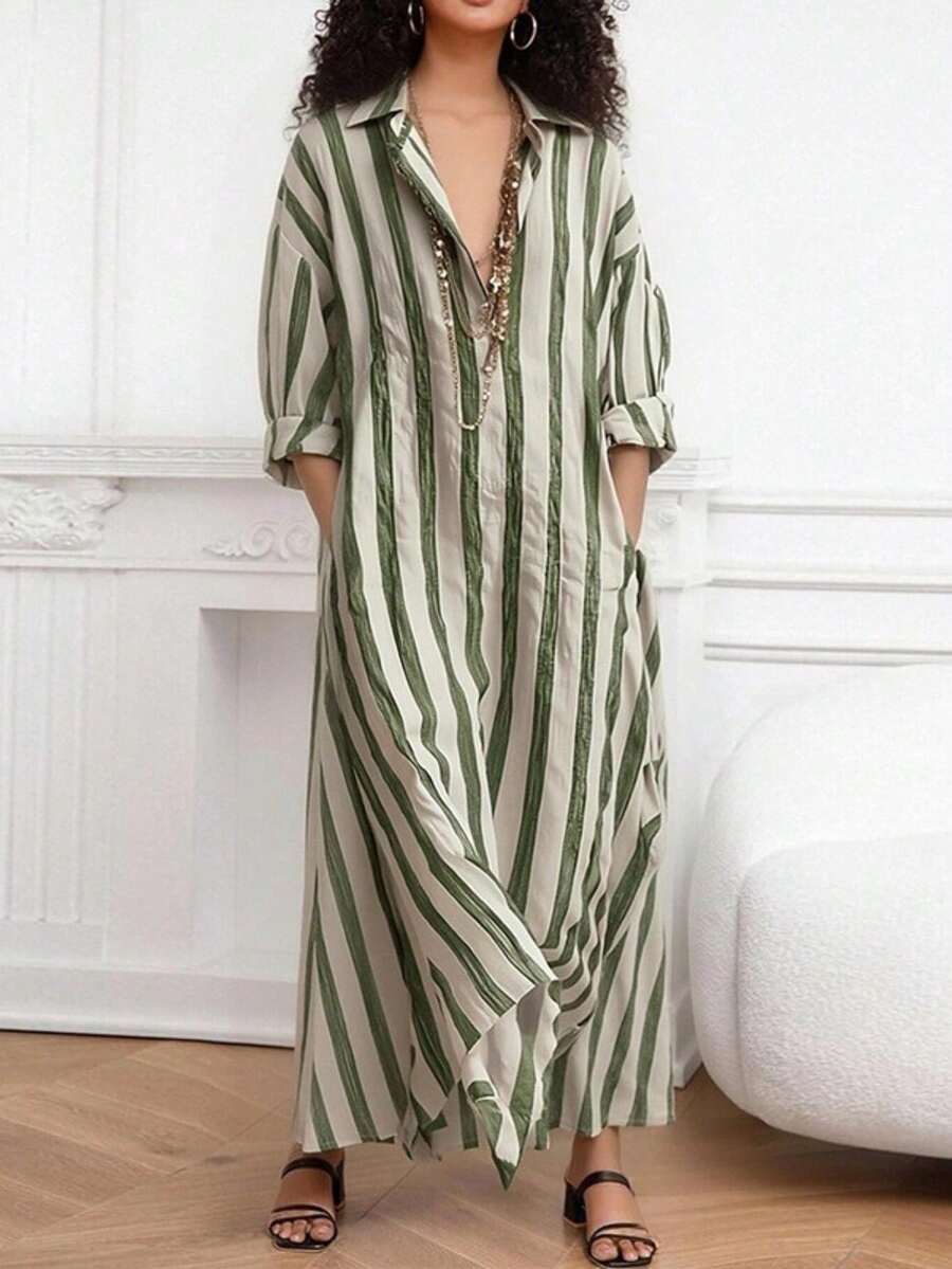 Vestido largo primavera 2026, cuello V holgado a rayas, estilo oficina elegante - Verde - Ver 1