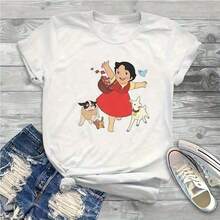 1 pieza Camisetas casuales y lindas con cuello redondo, camisetas Heidi, camiseta corta Sve, clásica, 180g, 100% algodón - Blanco - Ver 1