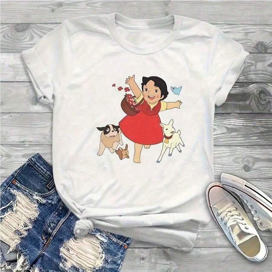 1 pieza Camisetas casuales y lindas con cuello redondo, camisetas Heidi, camiseta corta Sve, clásica, 180g, 100% algodón - Blanco - Ver 1