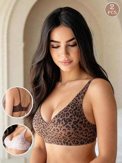 Temptuelle 2pcs Leopard Print Seamless Comfortable Leisure Camisole Bras For Women