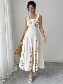 Vestido de línea A con estampado de patchwork en la cintura para mujer, elegante para vacaciones, viajes y uso diario, sin mangas - Albaricoque - Ver 3
