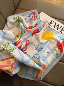 1 Stück 65cm Seidentuch für Frauen, vielseitiger Modeschal mit Cartoon-Motiv, hautfreundliches Kopftuch, warmer Halstuch - Babyblau - Übersicht 3