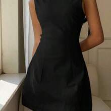 Women's Elegant Solid Color Backless Sleeveless Mini Dress Business Casual Woman - Negro - Ver 1