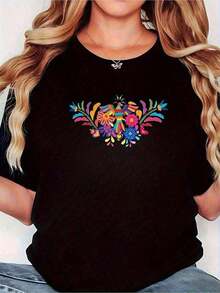 Women's T-Shirt With Mexican Folk Art Floral Embroidery. Vibrant Multicolor Short-Sleeve Top With A Round Neck And Intricate Mexican Floral Design. A-Line Cut For Casual And Semi-Formal Wear. All-Weather Comfort (Hand Washable). Ideal For Festivals And Everyday Wear. Bohemian Style Blouse. - 黑色 - 查看 7