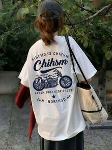 Women's Round Neck T-Shirt With A Relaxed Fit, Japanese Style, Short Sleeves, And A Letter And Motorcycle Print. Very Versatile And Comfortable For Spring And Summer, A , Youthful Look Ideal For Everyday Wear And Casual Outings. JMFB - 白色 - 查看 7