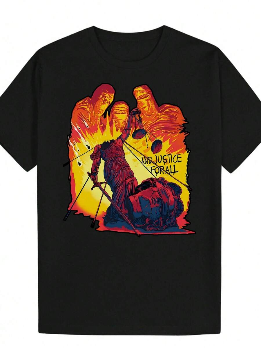Men's Casual Graphic Print T-Shirt - Flame And Scale Design "Justice For All", Bold Statement Tee With Vibrant Orange, Red And Yellow Print, Regular Fit For Urban Summer Wear, Machine Washable, Casual Wear, Dynamic Print T-Shirt, Comfortable For - Black - View 1