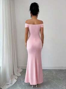 Elegante, encantador y sexy vestido de punto ajustado con hombros descubiertos, fruncido y con estampado floral para fiestas, vacaciones, primavera/verano - Rosa - Ver 4