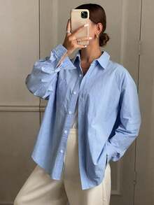 Camisa de manga larga con bolsillo y hombros caídos a rayas verticales, ropa de otoño - Azul - Ver 3