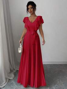 Vestido elegante y romántico de mujer con cuello en V, cintura con volantes y silueta en A - Rojo - Ver 6