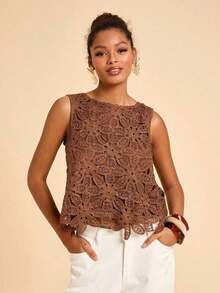 Blusa casual de mujer de cuello redondo sin mangas de color marrón, ideal para vacaciones, verano, primavera, fiestas, playa, San Valentín, disfraz de carnaval, elegante, floral, carnaval, de primavera a verano, fiesta, invitada de boda, cumpleaños, estilo mexicano bohemio para mujer - Café integral - Ver 3