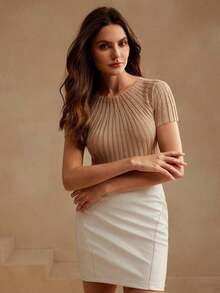 Blusa de punto semitransparente con decoración de strass y mangas cortas elegante para mujer - Camello 2 - Ver 5