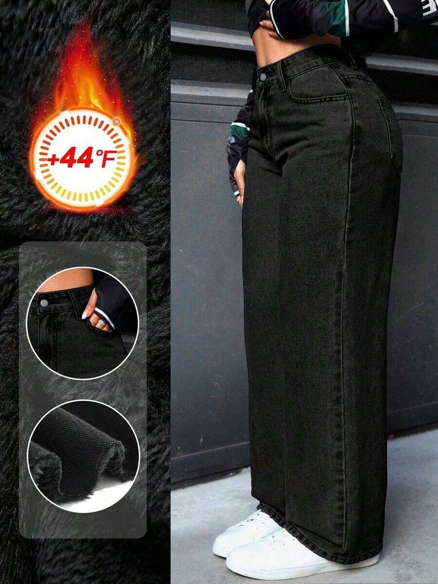 PETITE Jeans rectos de pierna suelta y lavados para mujer - Negro 3 - Ver 1