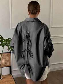 Blusa suelta de manga larga con cuello vuelto, abertura en la espalda y lazo, unicolor, ropa de otoño para mujer - Gris - Ver 7