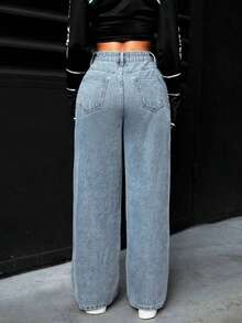 PETITE Jeans rectos de pierna suelta y lavados para mujer - Azul 2 - Ver 3