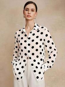 Blusa de manga larga de chifón con elegante estampado de lunares retro francés de alta calidad, camisa versátil con estampado de lunares para atuendos de oficina y vacaciones - Blanco - Ver 6