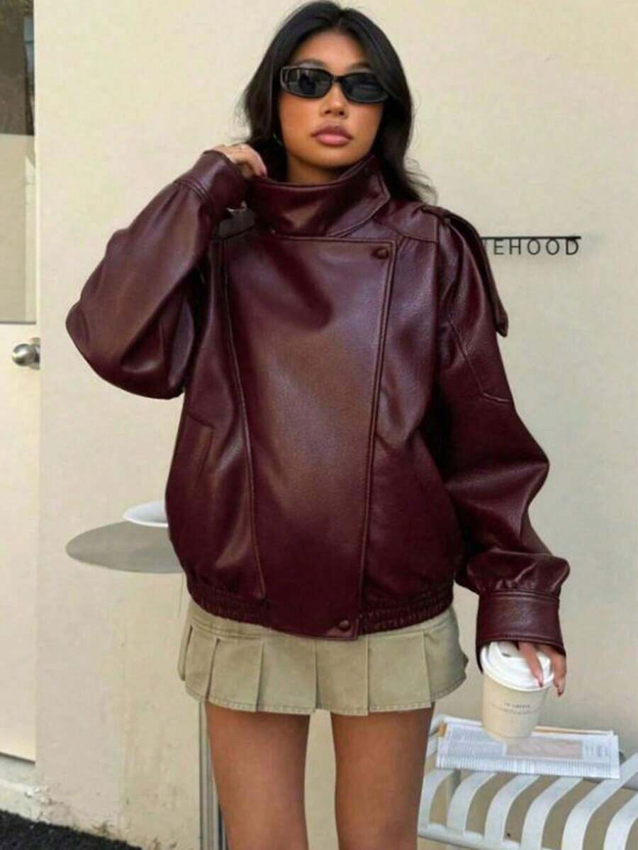 Chaqueta de cuero sintético vintage de motocicleta para mujer 2026, con cuello alto, cremallera y parches, corte holgado para invierno - Burdeos - Ver 1