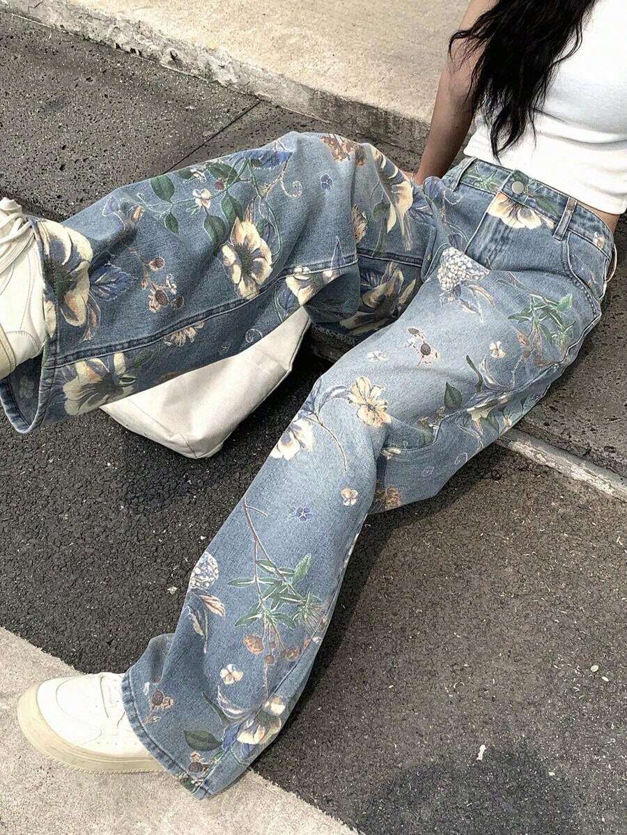 Jeans anchos de mujer lavados con estampado floral all-over - Lavado ligero - Ver 1