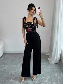 Mono elegante y versátil de uso diario para mujer con tirantes, top tubo de malla bordada, cintura ajustada y piernas acampanadas, para primavera/verano - Negro - Ver 6