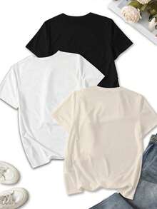 3 piezas Camiseta de manga corta rosa/morada/marrón, diseño de impresión de letras minimalista de moda, top casual de cuello redondo para mujer, verano - Multicolor 5 - Ver 2
