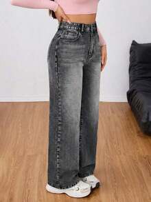 Jeans de mezclilla casuales de unicolor para mujer - Gris Claro - Ver 4