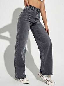 Jeans de mezclilla casuales de unicolor para mujer - Gris Oscuro - Ver 5