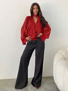 Blusa de mujer bohemia, romántica y elegante con cuello en V profundo, manga larga y lazo, para uso diario.Blusa elegante para mujer, ideal para primavera, el Día de San Valentín y salidas, en color blanco. - Rojo - Ver 3