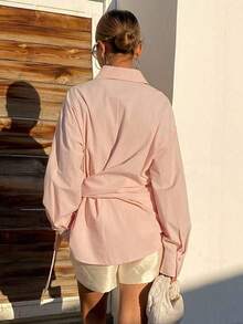 Blusa beige de manga larga con diseño de cintura ceñida, para uso casual y de oficina, estilo suelto y elegante para primavera y verano - Rosa - Ver 6
