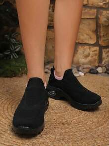 Giày thể thao nữ thoáng khí, kiểu dáng slip-on, đế cao, có đệm khí, thích hợp đi bộ hoặc mang như tất. - nr1855 Màu đen hồng - Xem 3
