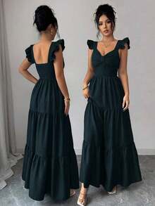 Elenzya Vestido largo de unicolor para mujer, vestido largo estilizante con cintura elástica y parches, elegante y de moda para uso diario, cenas y citas, primavera/verano - Verde - Ver 1