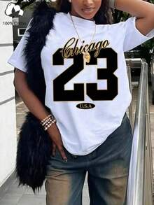 Women's Chicago 23 Graphic Basketball Jersey - Oversized Fit With Chicago Lettering And Number 23 Print, Casual Wear For Chicago Fans For Games, Casual Wear, Parties - Breathable Short-Sleeve Crew Neck Top (Delivery - 白色 - 查看 10