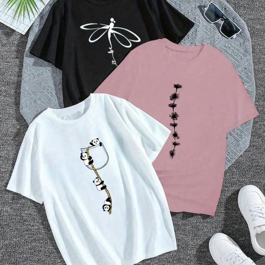 Camiseta para Mujer con Estampado de Letra "C" y Texto Dorado, Manga Corta - Blanco - Ver 1