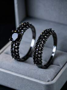 1 Set Vintage Schwarzer Zirkonia Ring Set, Retro Punk Stil zarte Accessoires - JZ4170 - Übersicht 6