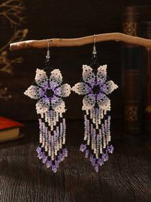 Handmade Beaded Tassel Earrings, Bohemian Style, Floral Pattern, Purple, Suitable For Daily Wear, Vacation, Parties, Holiday Gifts For Family And Friends, Couples - Purple - View 1