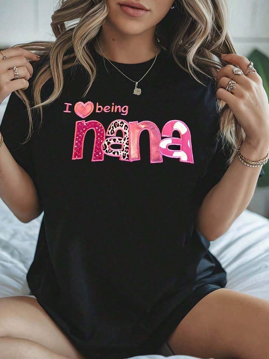Camiseta con Estampado de Letras "I Love Being Nana" para Mujer, Manga Corta, Cuello Redondo, Casual, Primavera-Verano, para Uso Diario, Regalo para Vacaciones - Negro - Ver 1