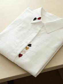Women's Elegant Casual Turn-Down Collar Solid Color Long Sleeve Shirt With Colorful Embroidery Design, Versatile For , And Artistic Style White - White - View 4